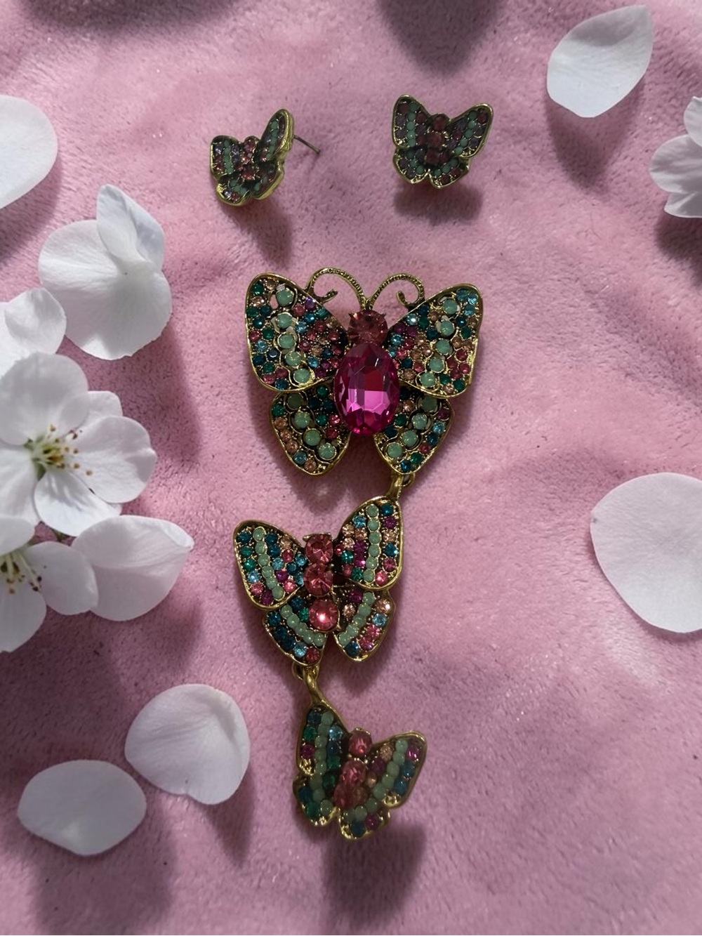 Gold-Tone Pink Butterfly Earrings & Brooch
